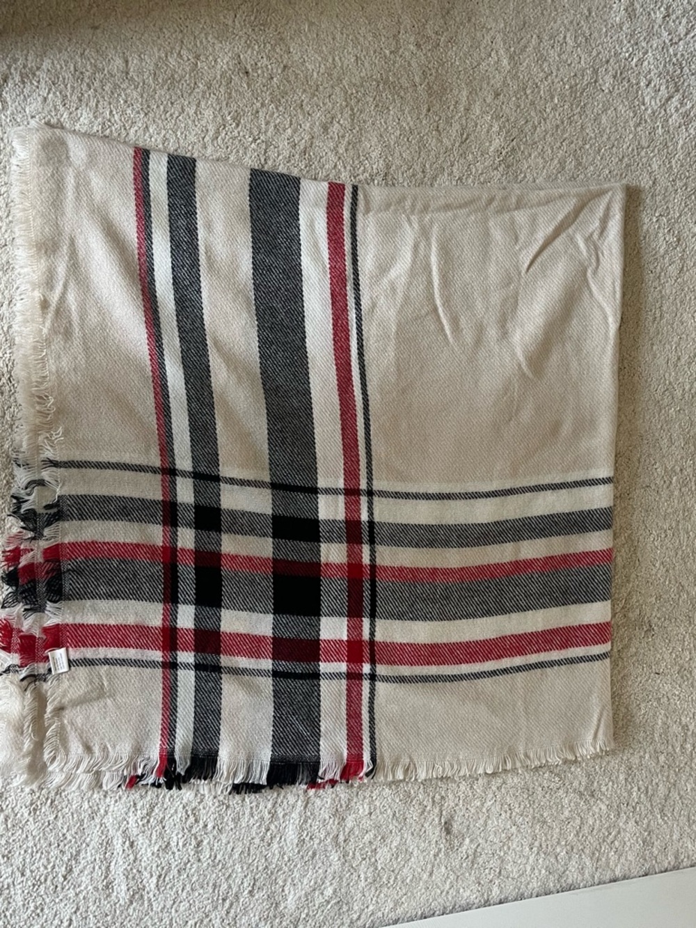 Source Unknown Cream Plaid Fringe Scarf with Black and Red Stripes
